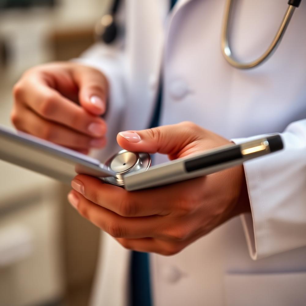 Doctor reviewing patient notes with a stethoscope