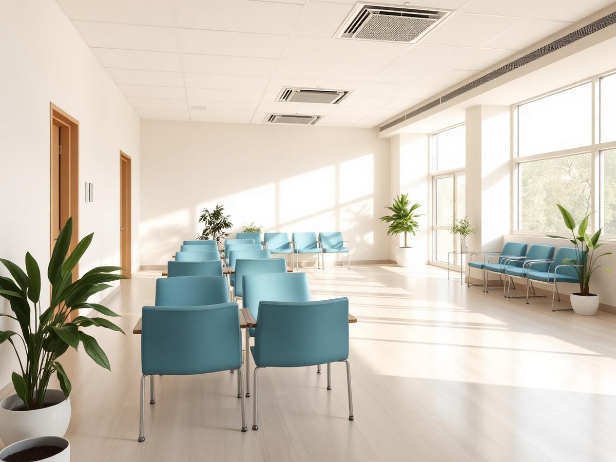 Calm waiting area with soft blue seating